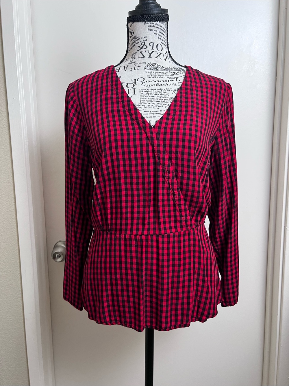 Old Navy Red Black Gingham Plaid Wrap Peplum Blouse Top Small
